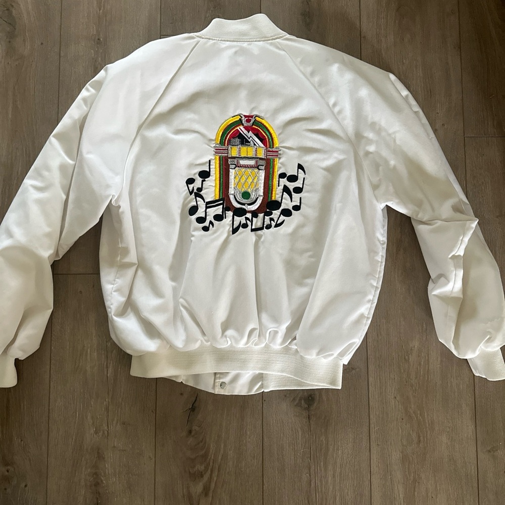 Vintage 80s Auburn Sportswear Jukebox Bomber Jacket‎ Cruising Large White